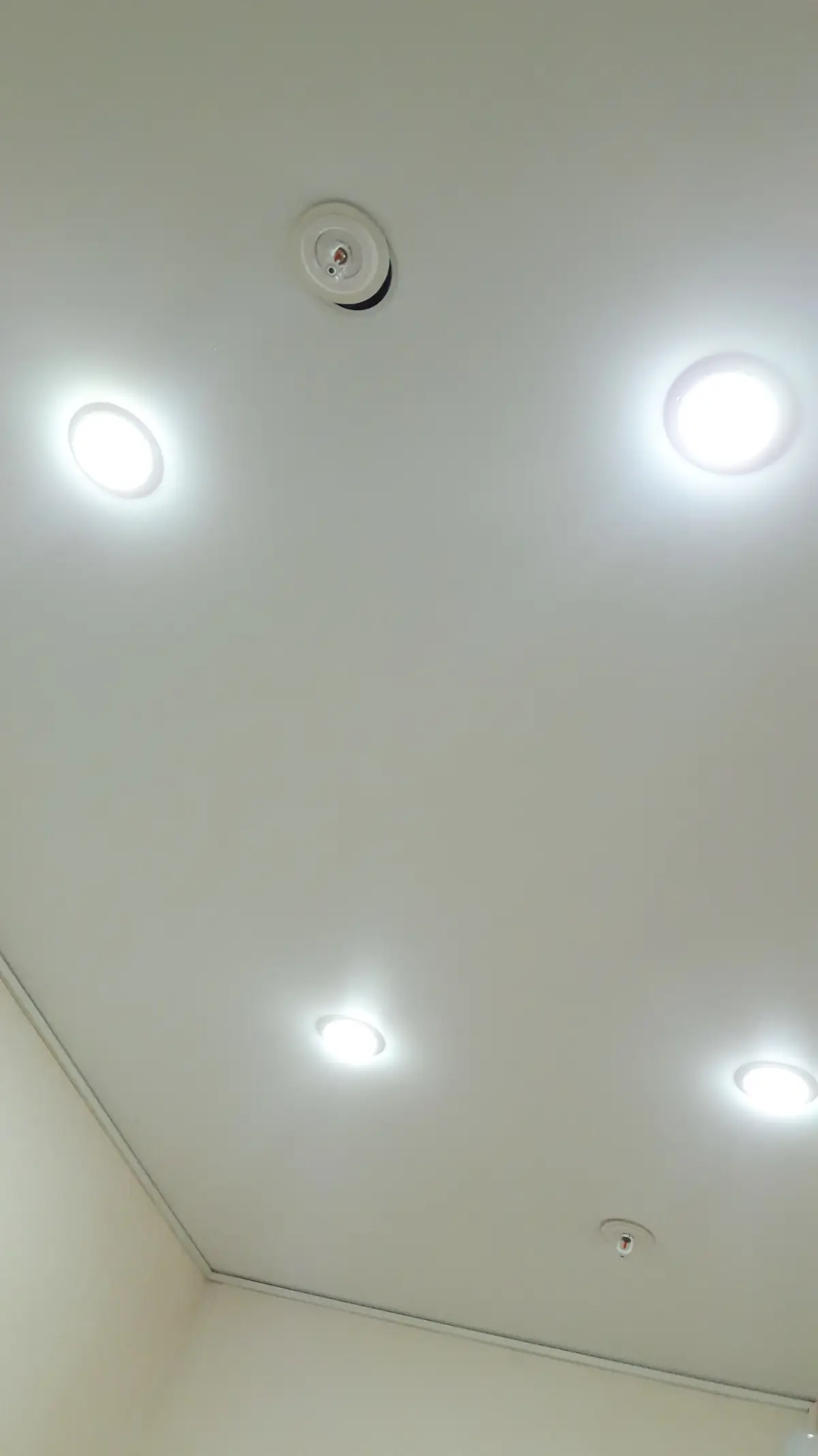 Plafond tendu blanc et lisse, spots encastrés